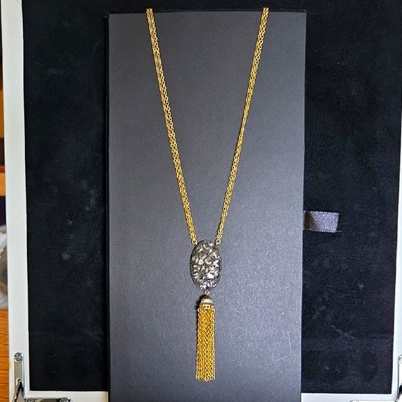 FREIDA ROTHMAN Elegant Gold and Black Crystal Pendant Tassel Necklace - Picture 3 of 5